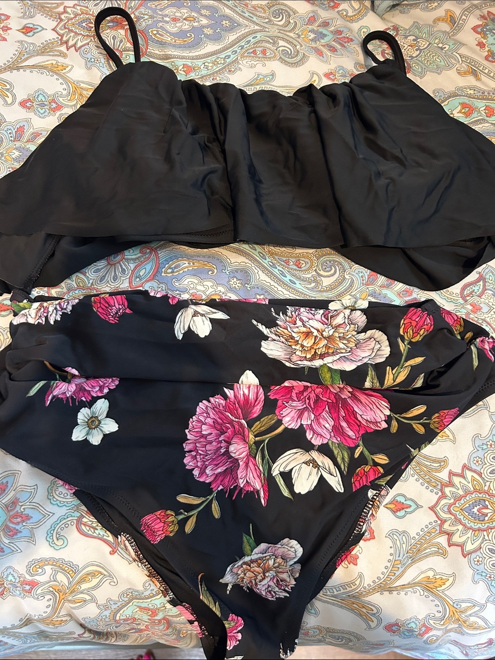 Cupshe Black Floral Two-Piece Bikini - Pink & White Flowers